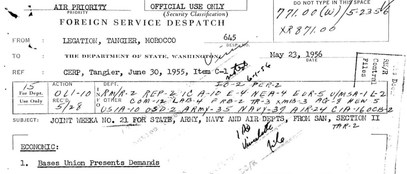 Central File: Decimal File 771.00, Internal Political And National Defense Affairs., Morocco, Political Affairs And Conditions. Elections. Political Parties And Groups. Political Refugees. Defectors. Amnesty. Revolutions, Riots, Disturbances. Civil War., July 25, 1957 - June 10, 1959. July 25, 1957 - June 10, 1959. MS King and the People in Morocco, 1950-1959: Records of the Department of State relating to Internal Affairs: Morocco, 1955-1959. National Archives (United States). Archives Unbound, link.gale.com/apps/doc/SC5101460225/GDSC?u=asiademo&sid=bookmark-GDSC&xid=186ed47f&pg=606.