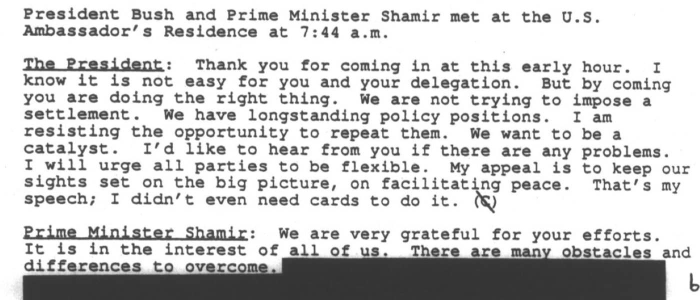 White House Office Of Records Management: Subject Files General CO 074 [309916]. October 30, 1991 - November 8, 1991. MS George H. W. Bush and Foreign Affairs: The Middle East Peace Conference in Madrid. George H.W. Bush Presidential Library. Archives Unbound, link.gale.com/apps/doc/SC5113966507/GDSC?u=asiademo&sid=bookmark-GDSC&xid=989fbf51&pg=5.