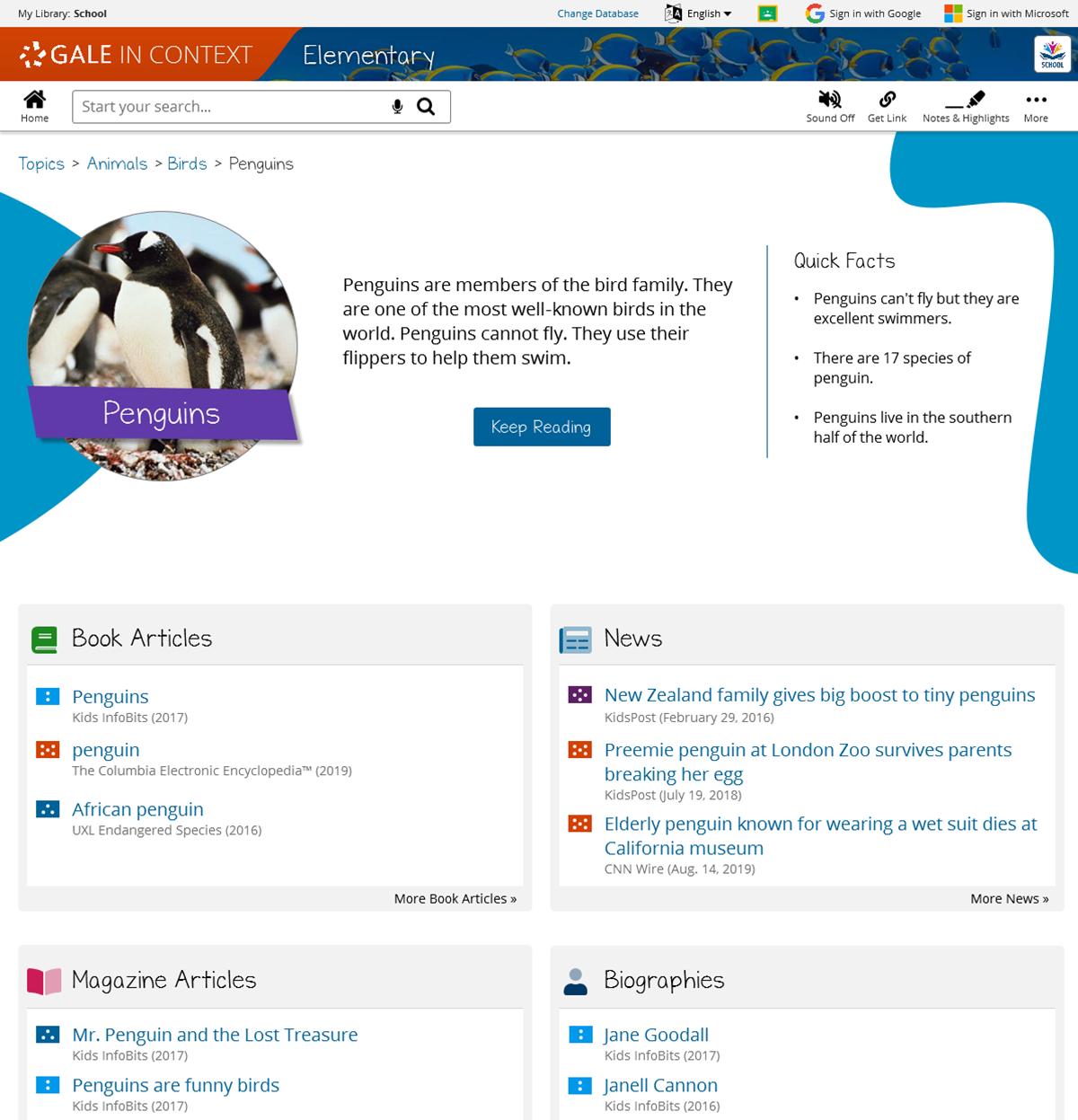 Topic pages (previously known as portals) give kids short, age-appropriate summaries of subject areas and organize reference materials for easy use in research projects.