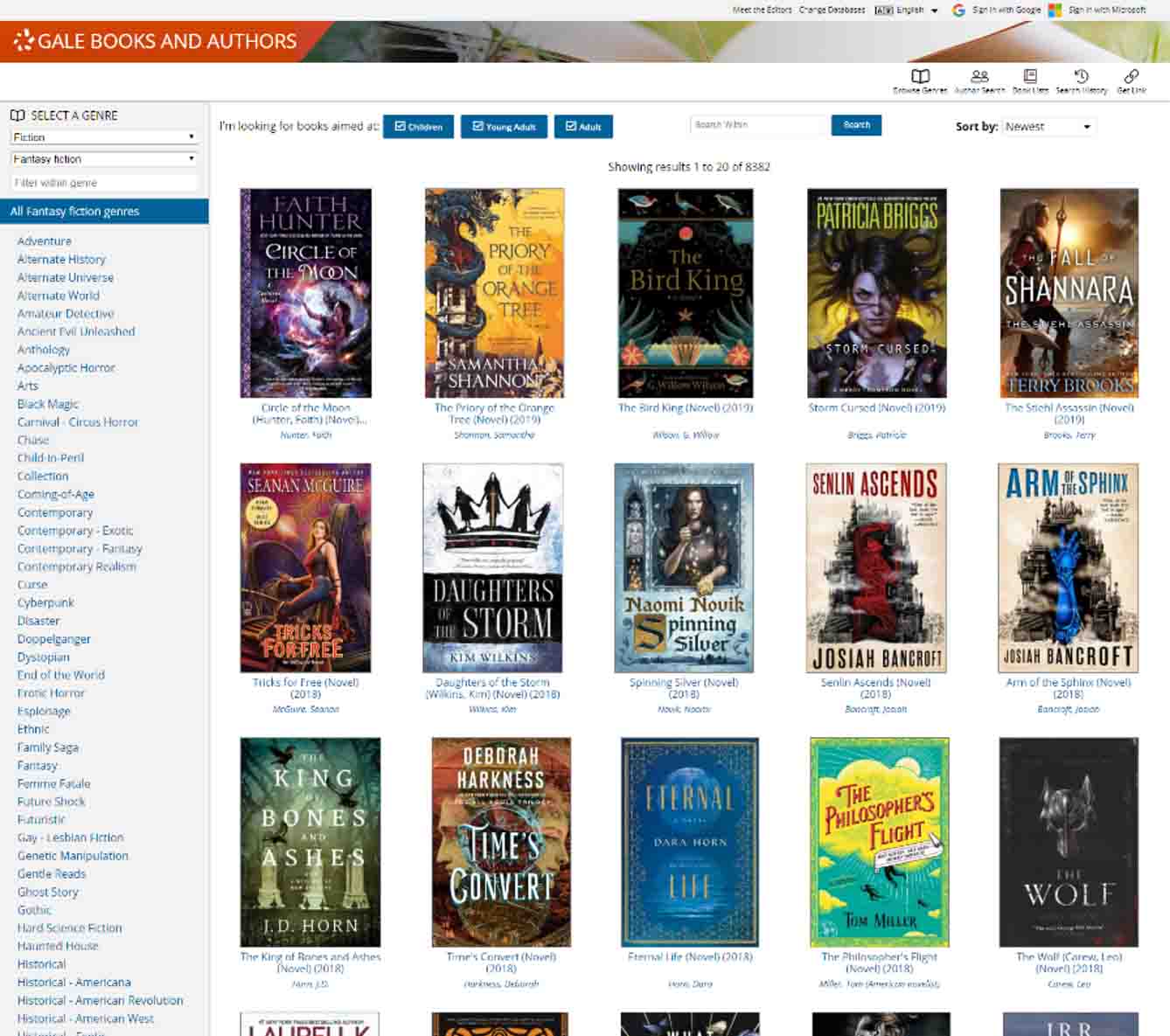 Gale Books and Authors browse by genre feature.