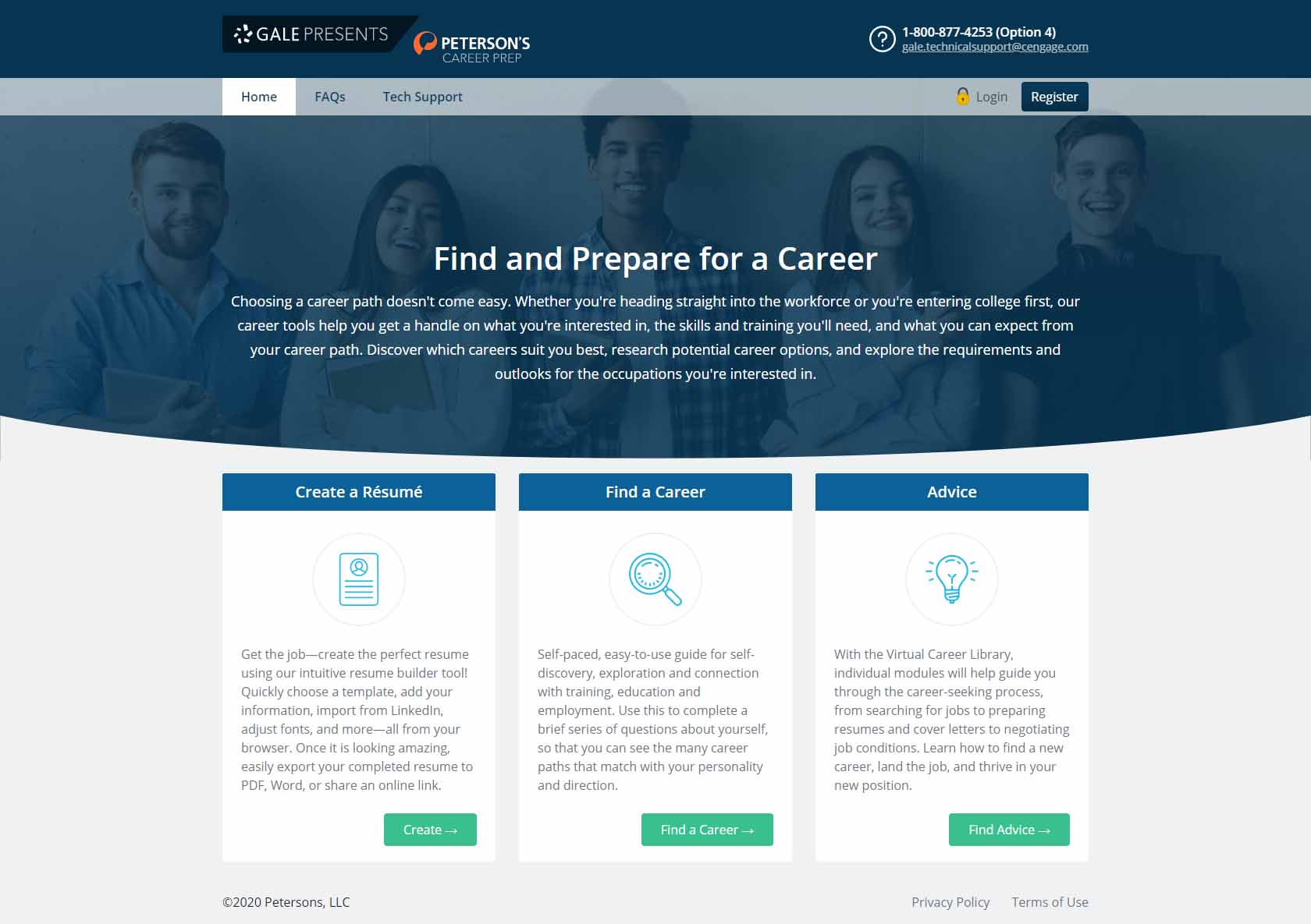 Gale Presents: Peterson's Career Prep is mobile accessible and features a simple homepage design.