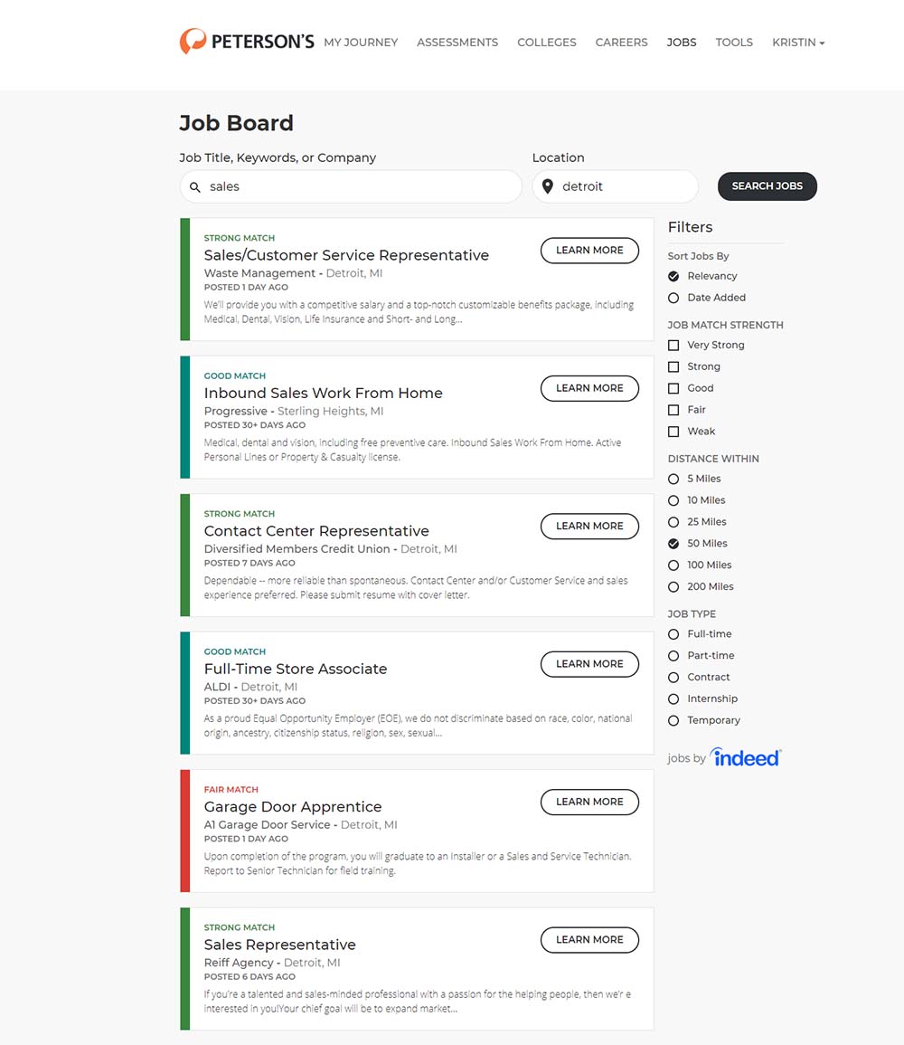 The job search tool is powered by Indeed.com. Job listings are sourced from Indeed and are updated daily. Users can limit results to employment type (e.g., internship, part-time, full-time).
