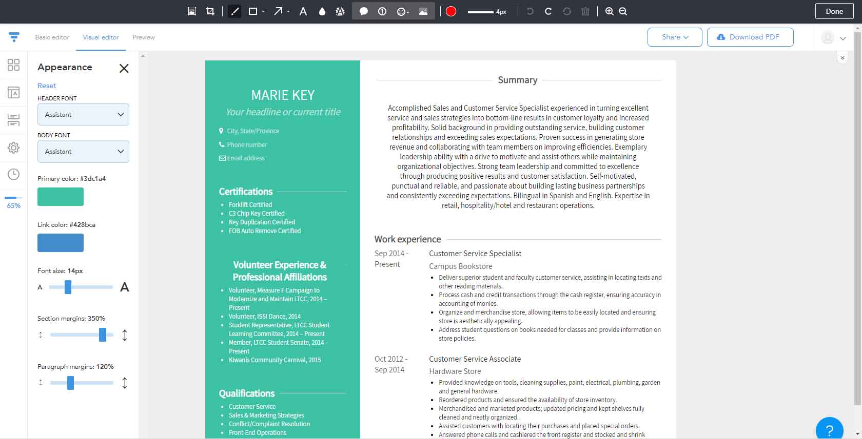 VisualCV Resume Creator allows users to create visually interesting résumés, cover letters, and websites that can be externally shared with prospective employers, using prebuilt templates. Sample résumés help users target their résumés for different job types.
