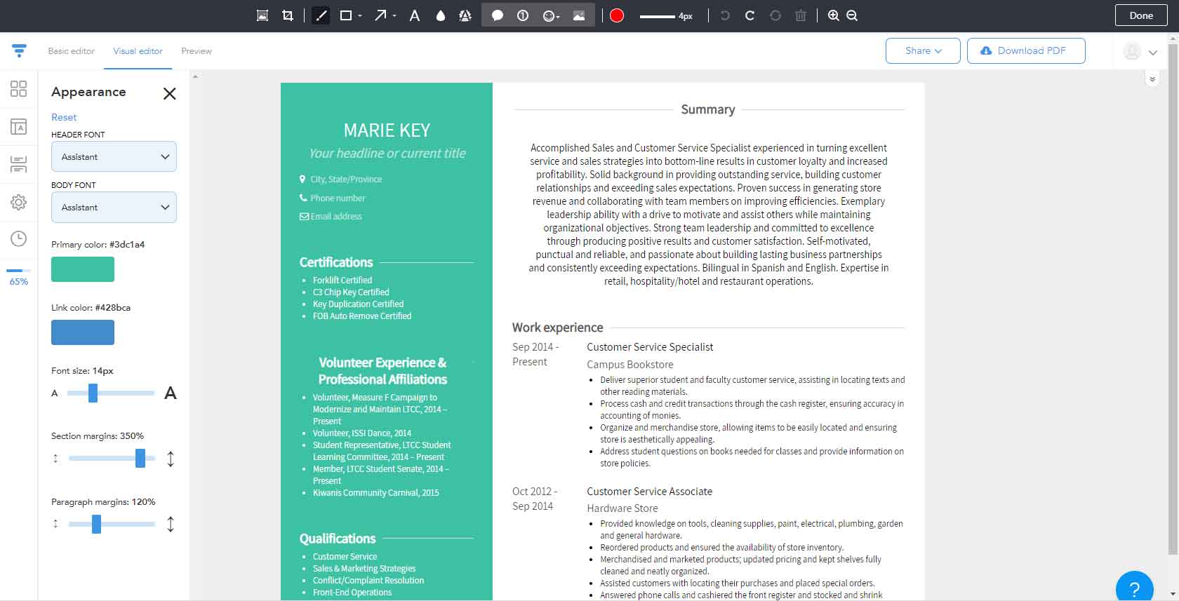 VisualCV allows users to create visually interesting resumés, cover letters, and websites that can be externally shared with prospective employers, using prebuilt templates. Sample resumés help users target their resumés for different job types.