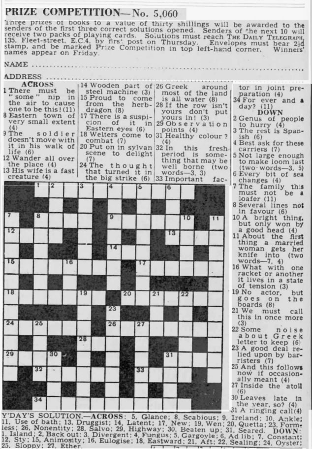 1942年1月10日举办的填字游戏。成功的参赛者被招募进布莱切利园，填字游戏被用作一项特工招募训练