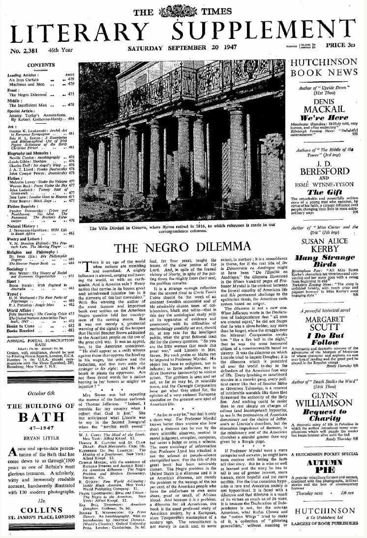 1947年9月20日，丹尼斯·布洛根的《黑人的窘境》