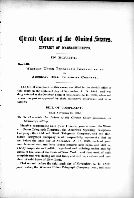 In 1903, the Second Circuit of the United State Court of Appeals reviewed and decided the case of Western Union Telegraph Company v. American Bell Telephone Company (125 F.342). This case offers a close look at the spread--and disputes that ensued--of telecommunications across the late 19th century United States and its impact on consumers, professional phone operators, and corporate owners and shareholders.