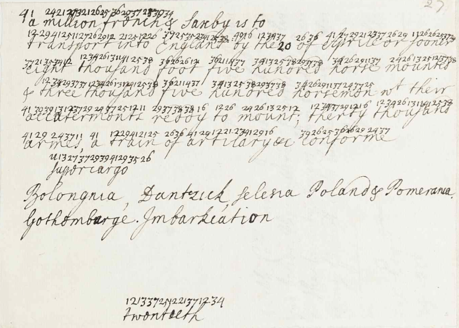 RA SP/Main/17/27 – 密码破译，涉及瑞典对计划中詹姆斯党起义的支持，1717年，皇家档案馆提供 © Her Majesty Queen Elizabeth II
