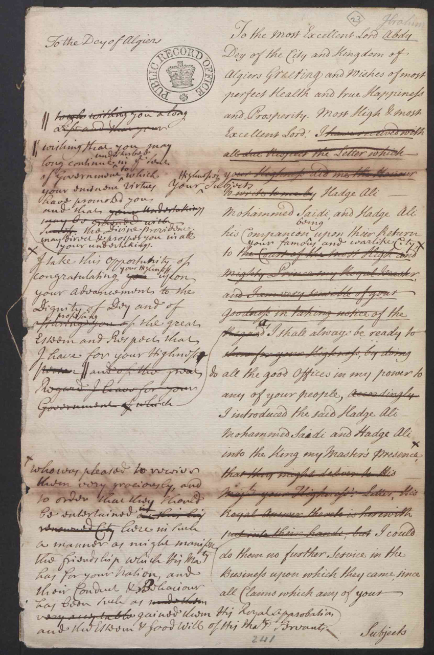 SP71/11 f.44：纽卡斯尔公爵（Duke of Newcastle）致阿尔及尔总督的信件草稿，1732年