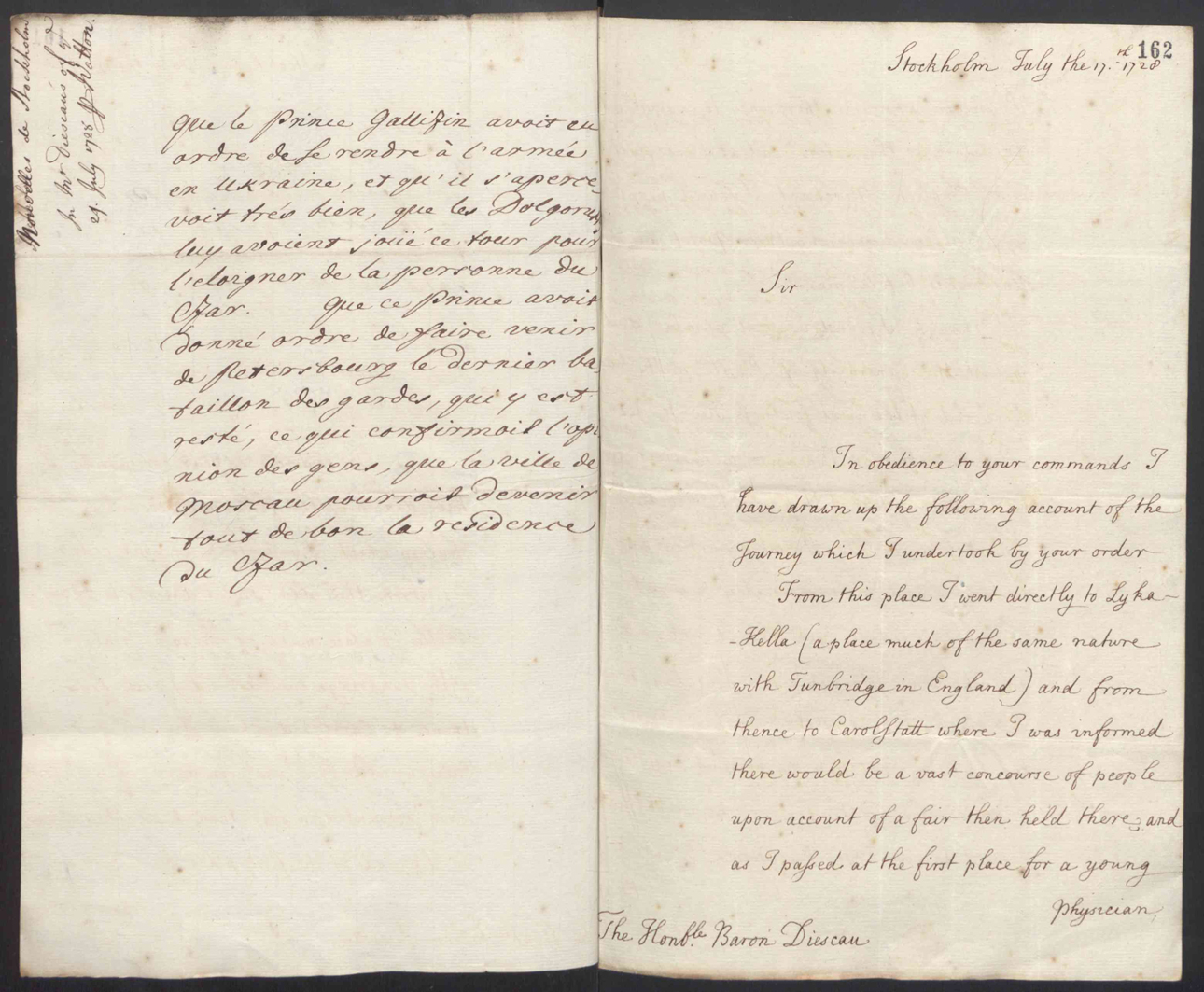 Sp095-050_0165 – SP95/50 f.162：约翰·斯诺（John Snow）致斯德哥尔摩迪斯考男爵（Baron Diescau）的信件，1728年7月17日