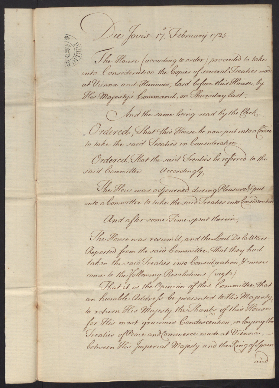 SP 103/107 f.109：上议院对于维也纳和汉诺威条约的决议，1725年2月17日